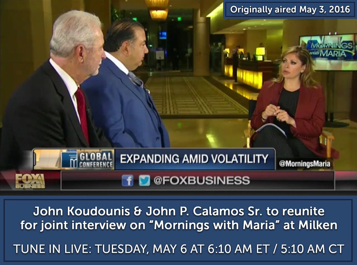 John Koudounis (@jkoudounis) on Twitter photo Nearly nine years after our first joint interview at the <a href="/MilkenInstitute/">Milken Institute</a> Global Conference, John P. Calamos, Sr. and I are reuniting with Maria Bartiromo.
Tune in to <a href="/FoxBusiness/">FOX Business</a>' “Mornings with Maria” Tuesday, May 6 at 6:10am ET to watch live: okt.to/Fp8aL0 Nearly nine years after our first joint interview at the <a href="/MilkenInstitute/">Milken Institute</a> Global Conference, John P. Calamos, Sr. and I are reuniting with Maria Bartiromo.
Tune in to <a href="/FoxBusiness/">FOX Business</a>' “Mornings with Maria” Tuesday, May 6 at 6:10am ET to watch live: okt.to/Fp8aL0