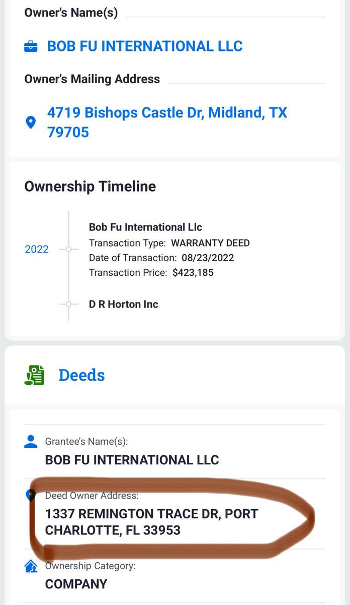 傅希秋第七套房曝光！
地址为佛州：1337 Remington Trace Dr, Port Charlotte, FL 33953，2022年8月23日购入，购买价格42.3万美元。房主为Bob Fu International Llc，通讯地址为傅希秋在米德兰市的地址。 https://t.co/ExEOWoU649