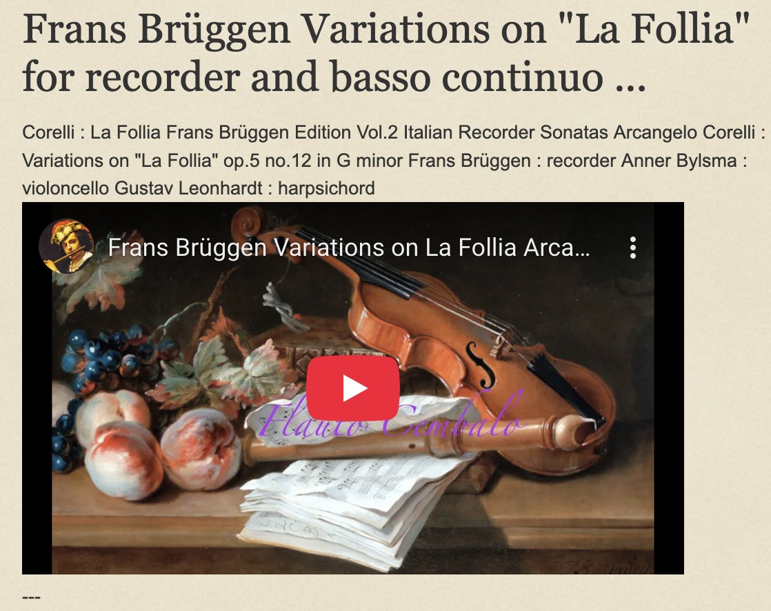 <a href="/FlautoCembalo/">Flauto Cembalo</a> Frans Brüggen Variations on "La Follia" for recorder and b. c. flautocembalo.blogspot.com/2015/04/frans-…
Vol.2 Sonatas #ArcangeloCorelli : #Variations on #LaFollia"  op.5 no.12  A #Bylsma : cello  G #Leonhardt :  #harpsichord #brüggen #recorder #FlautoCembalo #BaroqueMusica #Baroque #FlautoTV