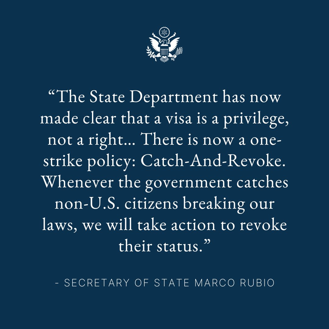 A visa is a privilege, not a right. Visa holders who break U.S. law are being held accountable. Read more about 100 Days of an America First State Department: statedept.substack.com/p/100-days-of-…