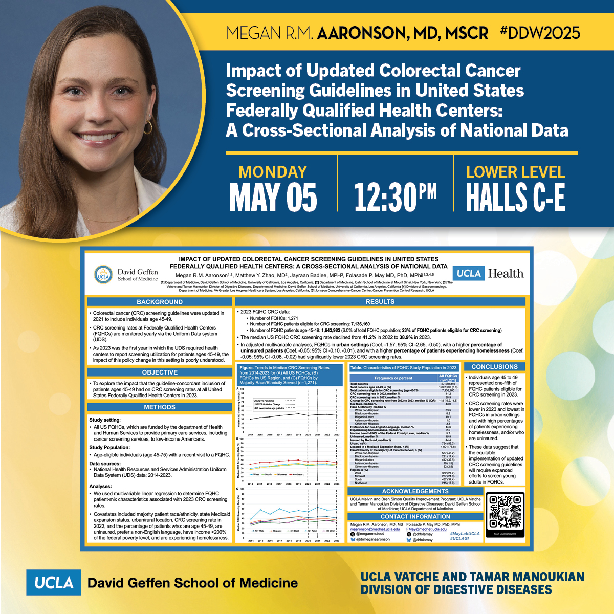 UCLA Gastroenterology and Hepatology (@uclagihep) on Twitter photo #DDW2025 Poster! Monday, May 5
Impact of Updated #CRC Screening Guidelines in United States Federally Qualified Health Centers: A Cross-Sectional Analysis of National Data
🙌Megan Rose McLeod Aaronson, MD, MSCR <a href="/meganrmcleod/">Megan R.M. Aaronson (McLeod), MD MSc</a>
👤Senior: <a href="/drfolamay/">Fola May, MD PhD</a>
👥<a href="/MatthewYZhao/">Matthew Zhao</a> <a href="/jbadmph/">Jayraan Badiee, MPH</a> #DDW2025 Poster! Monday, May 5
Impact of Updated #CRC Screening Guidelines in United States Federally Qualified Health Centers: A Cross-Sectional Analysis of National Data
🙌Megan Rose McLeod Aaronson, MD, MSCR <a href="/meganrmcleod/">Megan R.M. Aaronson (McLeod), MD MSc</a>
👤Senior: <a href="/drfolamay/">Fola May, MD PhD</a>
👥<a href="/MatthewYZhao/">Matthew Zhao</a> <a href="/jbadmph/">Jayraan Badiee, MPH</a>