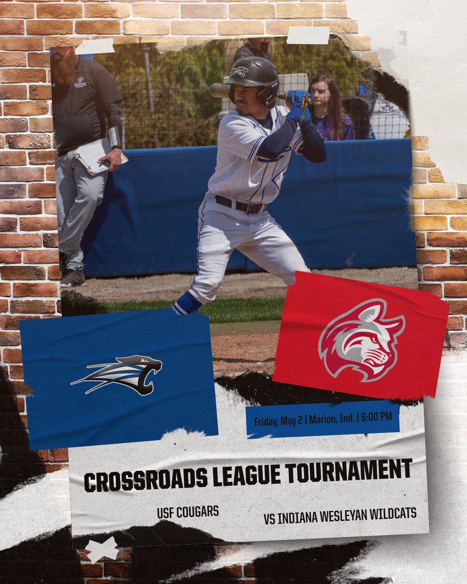 BASE⚾️: USF battles IWU in day three of the Crossroads League Tournament tonight! 

🆚 : Indiana Wesleyan 
📍 : Marion, Ind. 
⏰ : 6:00 PM
📺 : team1sports.com/indianawesleya…
📊 : saintfranciscougars.com

#RollCougs🐾