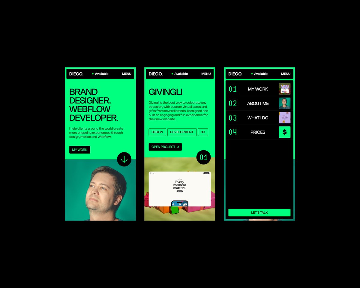dieg0liv's tweet image. Playing with my newest concept for my own portfolio, this time adapting the layout to mobile. The navigation experience would be more straightforward than desktop but still with the same aesthetics to keep the design fresh and clean.