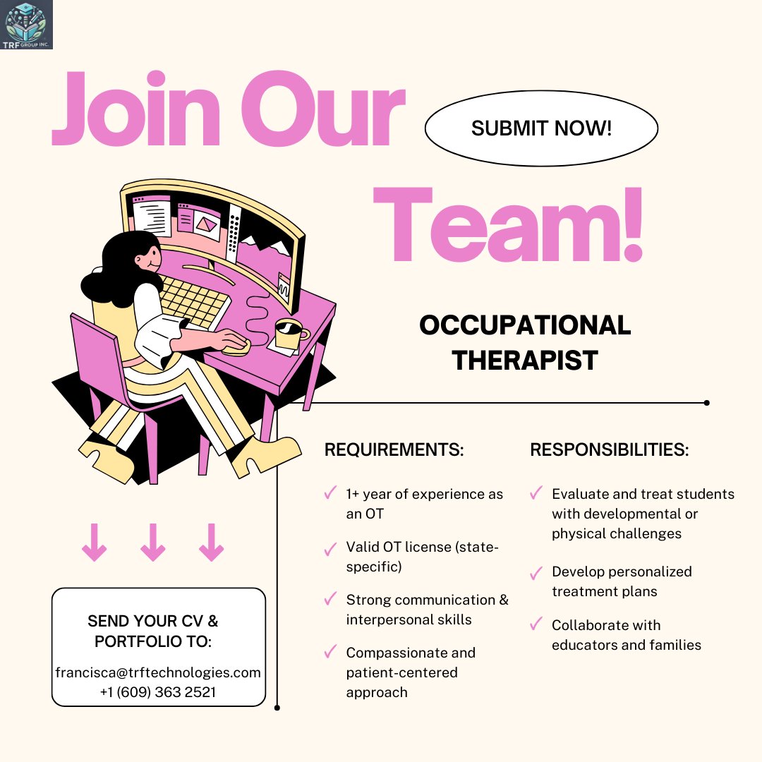 Lisa Haydon (She/Her) (@trftechnologies) on Twitter photo Weβre hiring an OCCUPATIONAL THERAPIST!
Support studentsβ growth through personalized care and collaboration.
1+ year experience & OT license required.
Apply now: francisca@trftechnologies.com | trftechnologies.com | +1 (609) 363 2521
#WeAreHiring #HiringNow #OTJobs #SPEDJobs Weβre hiring an OCCUPATIONAL THERAPIST!
Support studentsβ growth through personalized care and collaboration.
1+ year experience & OT license required.
Apply now: francisca@trftechnologies.com | trftechnologies.com | +1 (609) 363 2521
#WeAreHiring #HiringNow #OTJobs #SPEDJobs