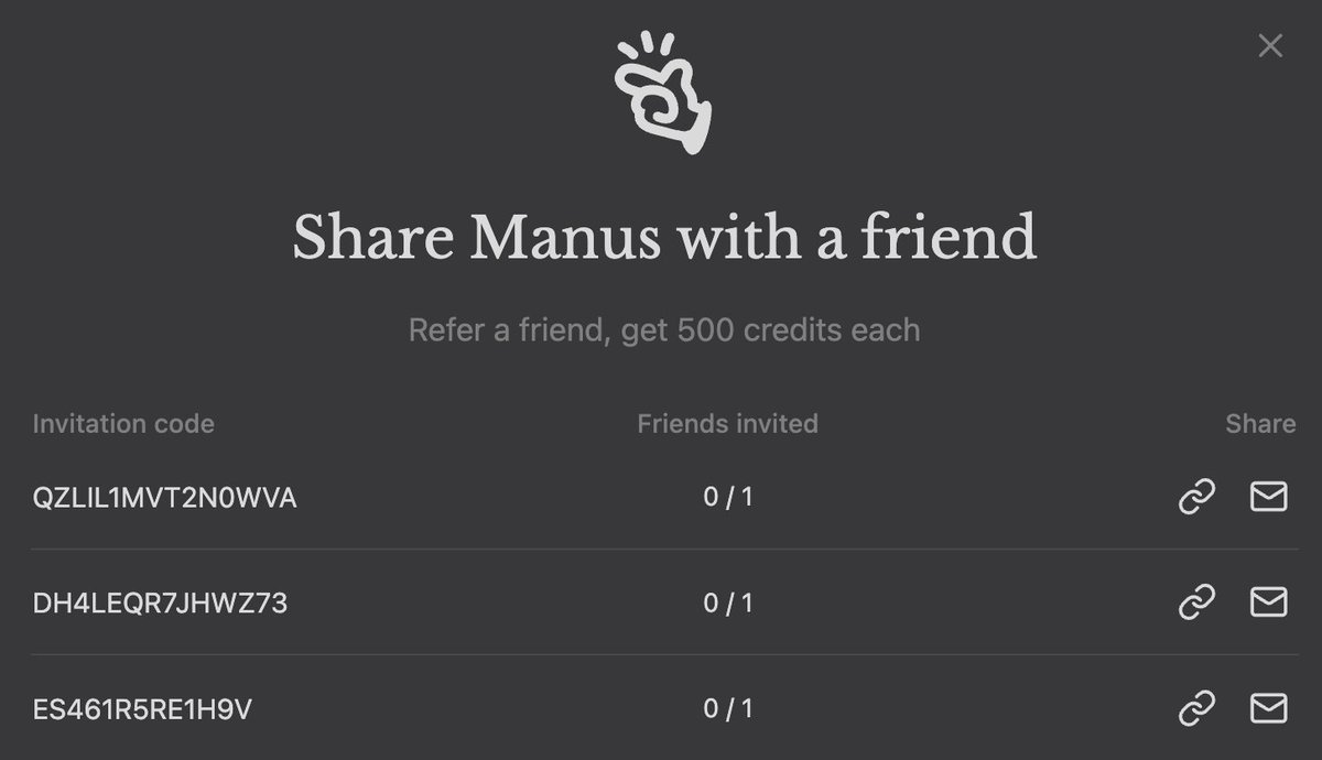 I got 3 more Manus invites

QZLIL1MVT2N0WVA
DH4LEQR7JHWZ73
ES461R5RE1H9V