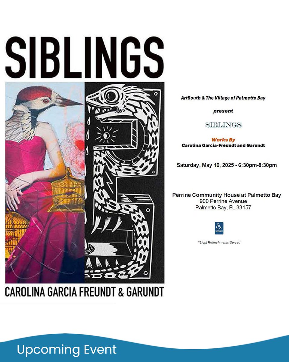 Join us at Art South May 10th, at 6:30PM for the art exhibit featuring Siblings artist Carolina Garcia-Freundt and Garundt at the Perrine Community House in Palmetto Bay. Light refreshments will be served. We hope to see you there! #PalmettoBayProud