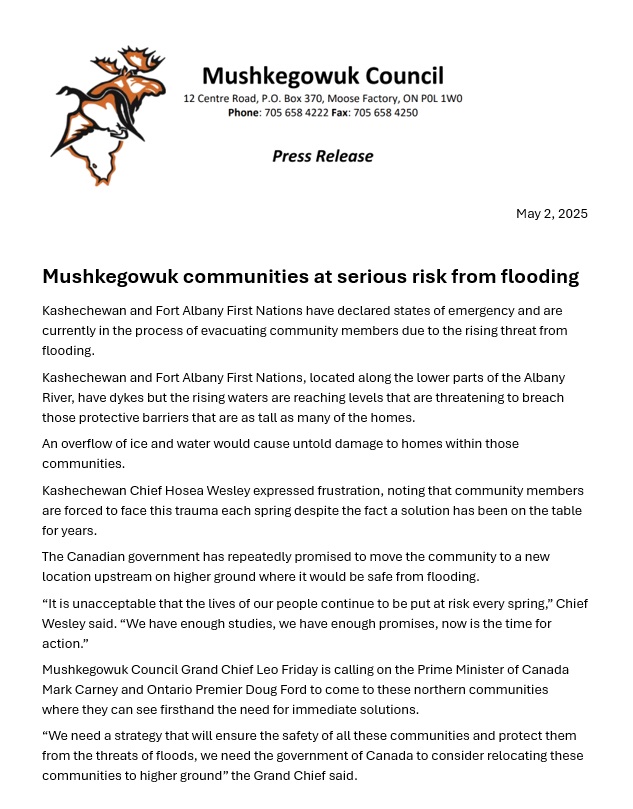 Update provided on flood risk within northern Mushkegowuk communities. Leaders express frustration over government's slow response in fulfilling promised solution