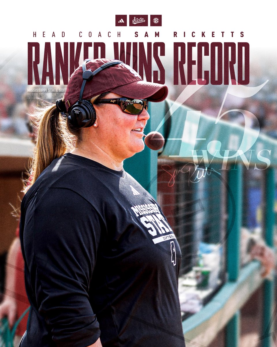 Mississippi State Softball (@hailstatesb) on Twitter photo A record-breaking day for <a href="/Coach_Ricketts/">Samantha Ricketts</a>!
She now stands alone in program history with 45 ranked wins at MSU and has matched her highest single-season win total in Starkville!
#HailState🐶 A record-breaking day for <a href="/Coach_Ricketts/">Samantha Ricketts</a>!
She now stands alone in program history with 45 ranked wins at MSU and has matched her highest single-season win total in Starkville!
#HailState🐶