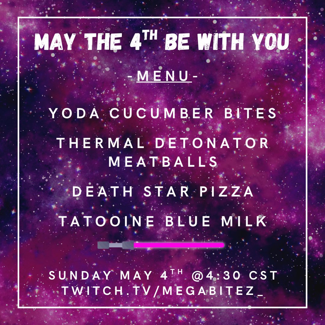 MegaBitez_ (@megabitez_) on Twitter photo This should be a lot of fun! Letās talk all things Star Wars over a galactic 4 course meal. Still trying to raise a little more for <a href="/StarlightUS/">starlightUS</a> #twitch #twitchstreamer #foodanddrink This should be a lot of fun! Letās talk all things Star Wars over a galactic 4 course meal. Still trying to raise a little more for <a href="/StarlightUS/">starlightUS</a> #twitch #twitchstreamer #foodanddrink