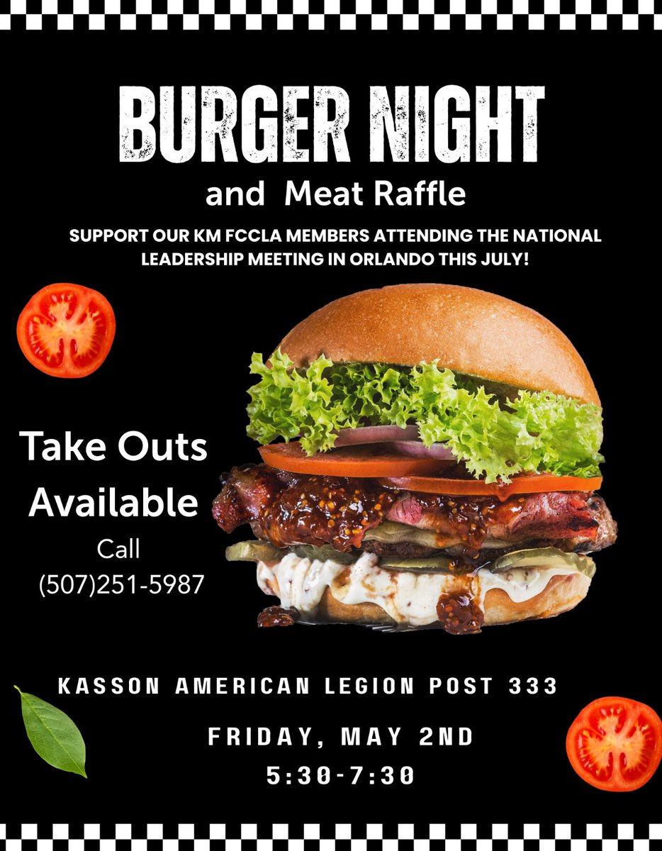 sheri (@2twins6) on Twitter photo Taking in person or takeout orders tonight 5/2 from 5:30-7:30… Burger night at Kasson Legion to support <a href="/KMFCCLA/">KM FCCLA/LEO CLUB</a> students traveling to Nationals! 🍔<a href="/KM_Activities/">KM Activities</a> Taking in person or takeout orders tonight 5/2 from 5:30-7:30… Burger night at Kasson Legion to support <a href="/KMFCCLA/">KM FCCLA/LEO CLUB</a> students traveling to Nationals! 🍔<a href="/KM_Activities/">KM Activities</a>