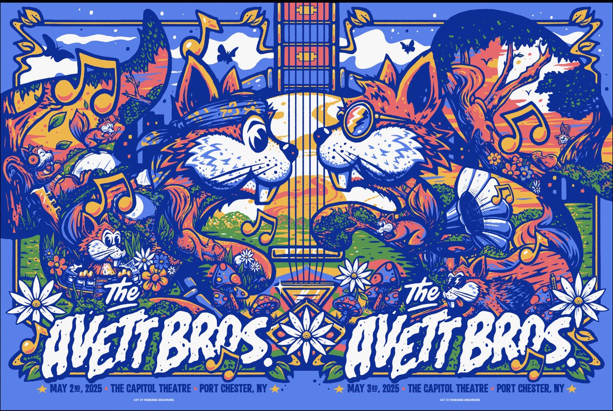 The Avett Brothers (@theavettbros) on Twitter photo Port Chester, NY! We are looking forward to the next 2 SOLD OUT nights at <a href="/capitoltheatre/">The Capitol Theatre 🐿</a>. Each event poster will be available its respective night. Limited uncuts available each night. Posters by <a href="/MarianoArcamone/">Mariano Arcamone</a>.
Doors: 6:30pm
The Avett Brothers: 8:00pm
No opener. Port Chester, NY! We are looking forward to the next 2 SOLD OUT nights at <a href="/capitoltheatre/">The Capitol Theatre 🐿</a>. Each event poster will be available its respective night. Limited uncuts available each night. Posters by <a href="/MarianoArcamone/">Mariano Arcamone</a>.
Doors: 6:30pm
The Avett Brothers: 8:00pm
No opener.