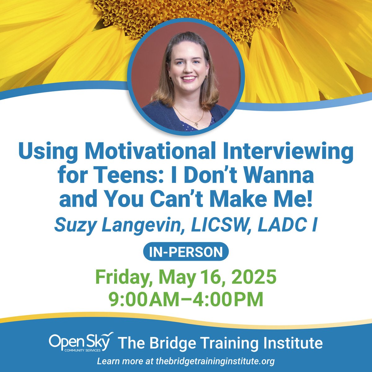 May 16, 2025 | In-Person | 9:00 AM - 4:00 PM

Engaging teens can be tough—Motivational Interviewing makes it easier. Learn effective MI techniques for working with resistant teens!

Register now: bridgetraininginstitute.givecloud.co/product/SLange…

#MotivationalInterviewing #Training