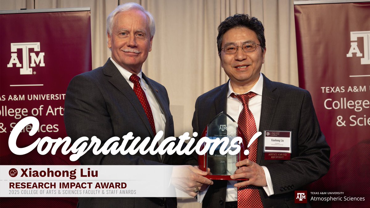 TAMU Atmospheric Sciences (@tamu_atmo) on Twitter photo Congrats to @TAMU_ATMO's Dr. Xiaohong Liu on winning the 2025 <a href="/TAMUArtSci/">Texas A&M Arts & Sciences</a> Research Impact Award! His groundbreaking work on aerosol-cloud interactions and climate modeling is transforming Earth system science. 🌍☁️
Read more about all the winners: tx.ag/2025ArtSciAwar… Congrats to @TAMU_ATMO's Dr. Xiaohong Liu on winning the 2025 <a href="/TAMUArtSci/">Texas A&M Arts & Sciences</a> Research Impact Award! His groundbreaking work on aerosol-cloud interactions and climate modeling is transforming Earth system science. 🌍☁️
Read more about all the winners: tx.ag/2025ArtSciAwar…
