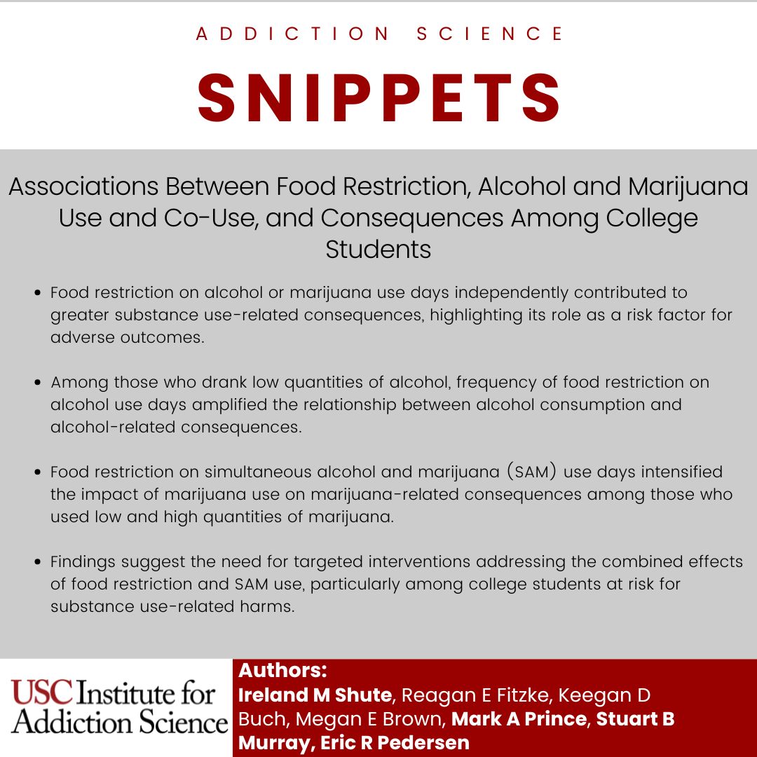 #AddictionScienceSnippets of the week highlights “Associations Between Food Restriction, Alcohol and Marijuana Use and Co-Use, and Consequences Among College Students" by Ireland M Shute, Reagan E Fitzke, Keegan D Buch, Megan E Brown, and #IASMembers Mark Prince, Stuart B Murray,