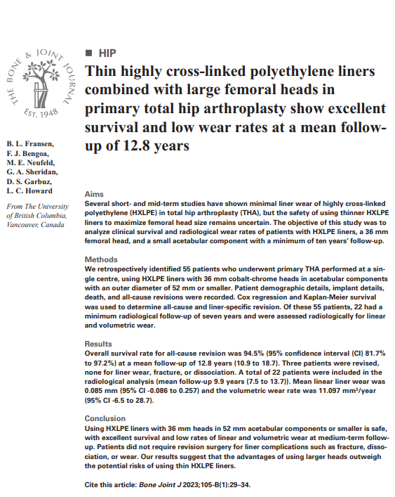 The Bone & Joint Journal (@bonejointj) on Twitter photo Using HXLPE liners with 36 mm heads in 52 mm acetabular components or smaller is safe, with excellent survival and low rates of linear and volumetric wear at medium-term follow-up.
#TotalHipArthroplasty #HipReplacement #BJJ <a href="/drfbengoa/">Francisco Bengoa</a>
boneandjoint.org.uk/Article/10.130… Using HXLPE liners with 36 mm heads in 52 mm acetabular components or smaller is safe, with excellent survival and low rates of linear and volumetric wear at medium-term follow-up.
#TotalHipArthroplasty #HipReplacement #BJJ <a href="/drfbengoa/">Francisco Bengoa</a>
boneandjoint.org.uk/Article/10.130…
