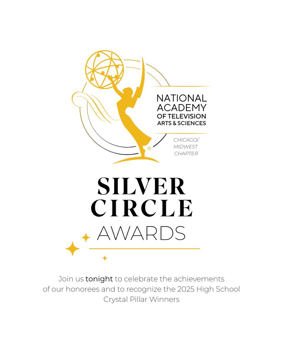 Save the Date! The 2025 Chicago Silver Circle Honors Dinner is TONIGHT at the Chicago Marriott Magnificent Mile.

The evening starts at 6:30 PM with the High School Student Award Presentation!

Tickets &amp; info: chicagoemmyonline.org/silver-circle
#SilverCircle2025 #NATASChicago #MidwestEmmys