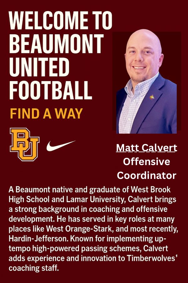 BmtUnitedFtbl's tweet photo. We’re thrilled to welcome @CoachCal87 as our new OC at BU! A proven leader and innovator, Coach Calvert brings passion, vision, and a high-powered offensive mindset to the Timberwolves. The future is bright—and we’re just getting started. Let’s work, Coach! #FindAWay https://t.co/inVkgikZUH