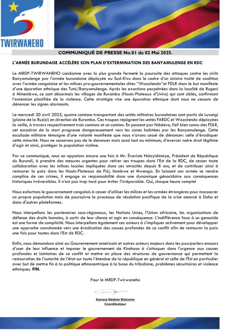 Mises à jours du 02.05.2025. 
 #Hauts_Plateaux #Fizi, #Uvira #Sud_Kivu #RDC    
Notre mouvement observe depuis quelques jours le renforcement des troupes burundaises et la coalition gouvernementale vers les villages de #Rurambo.   
Nous interpellons les partenaires d’agir et