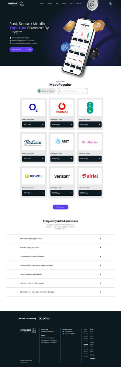 CryptoCartCC's tweet image. You thought we was done showing you a few sneak peaks of CryptoCart Auto's?.
Well, welcome CryptoCart Mobiles (E-Sims)
Explore the future of mobile services with Cryptocart Mobiles. Top up your mobile plan, purchase roaming packages, or buy SMS and data plans effortlessly using…