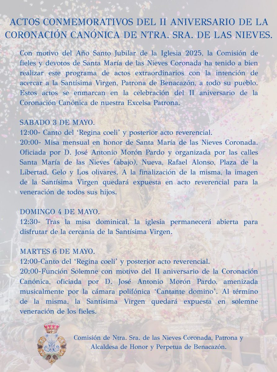 🌸 Eucaristía mensual a la Virgen de las Nieves  
📅 3 mayo – 20:00 h  
🌺 Ofrenda floral como antesala del II aniversario de su Coronación  
Claveles a 1 € en la puerta de la parroquia  
#VirgenDeLasNieves #Benacazón