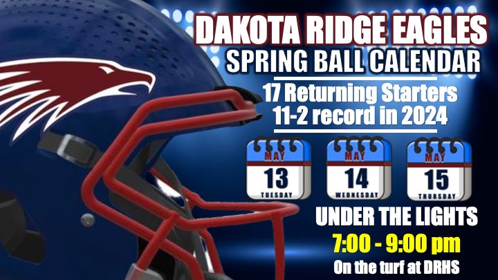 DakotaRidgeFootball (@dakotaridgefb) on Twitter photo Excited to announce our Spring Camp Dates!
5/13-5/15 at Dakota Ridge HS
7-9pm under the lights!
Would love any/all college recruiters in the area to stop by.
DM <a href="/DRidgeCoachB1/">Jeremiah Behrendsen</a> for details!
We return players with the following recognitions:
-3 All-Colorado
-5 All-State Excited to announce our Spring Camp Dates!
5/13-5/15 at Dakota Ridge HS
7-9pm under the lights!
Would love any/all college recruiters in the area to stop by.
DM <a href="/DRidgeCoachB1/">Jeremiah Behrendsen</a> for details!
We return players with the following recognitions:
-3 All-Colorado
-5 All-State