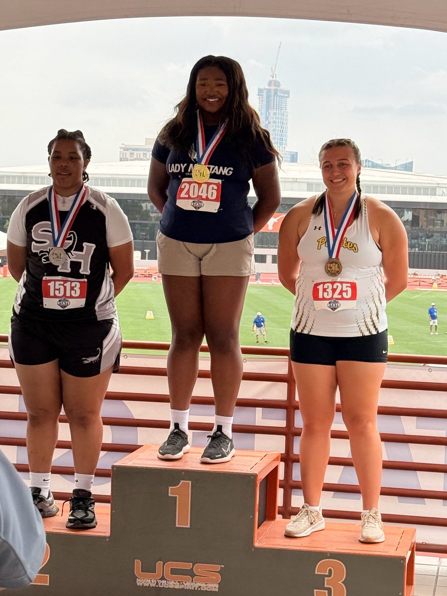 Lamar Consolidated High School is back on the podium in Austin. Sophomore Brielle Lawson flashing the smile and the gold! She won with a throw of 152’4” in 5A Discus! #wewininLCISD