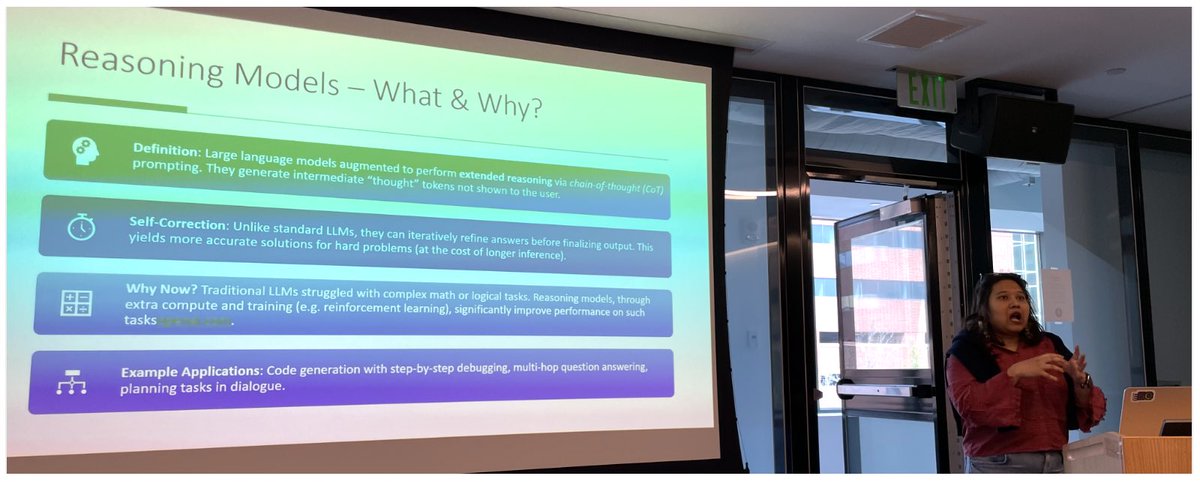 codingoutloud's tweet image. At the AI Community Conference - AICO Boston #aicoevent watching @reshmigh deliver her talk on Reasoning vs. general purpose Generative AI models & Agents-how do we evaluate for quality & safety where she's explaining all about Reasoning Models!