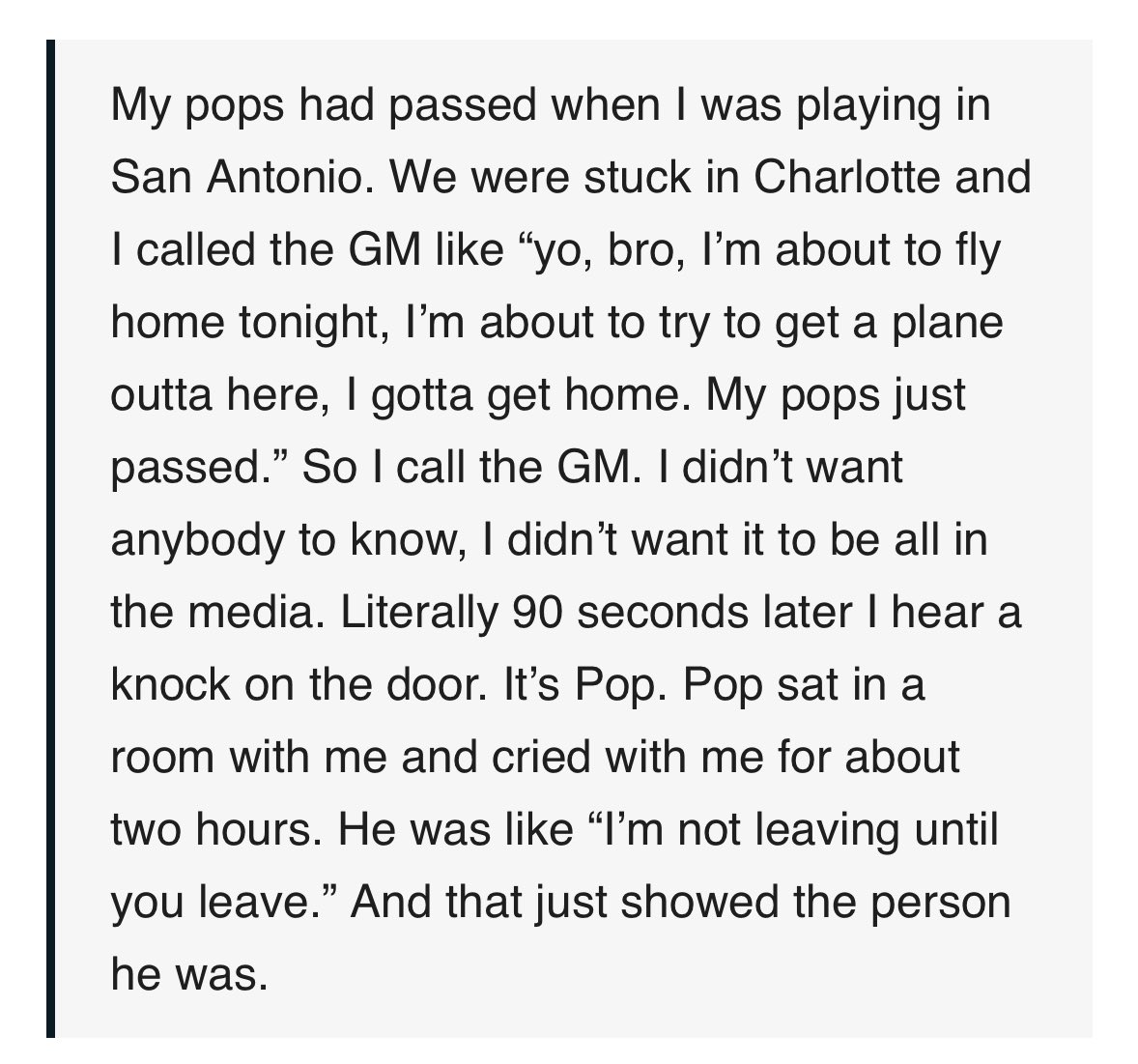one of my favorite popovich stories is derozan talking about how he supported him when his dad was dying 

not only a hall of fame basketball coach but a hall of fame human
