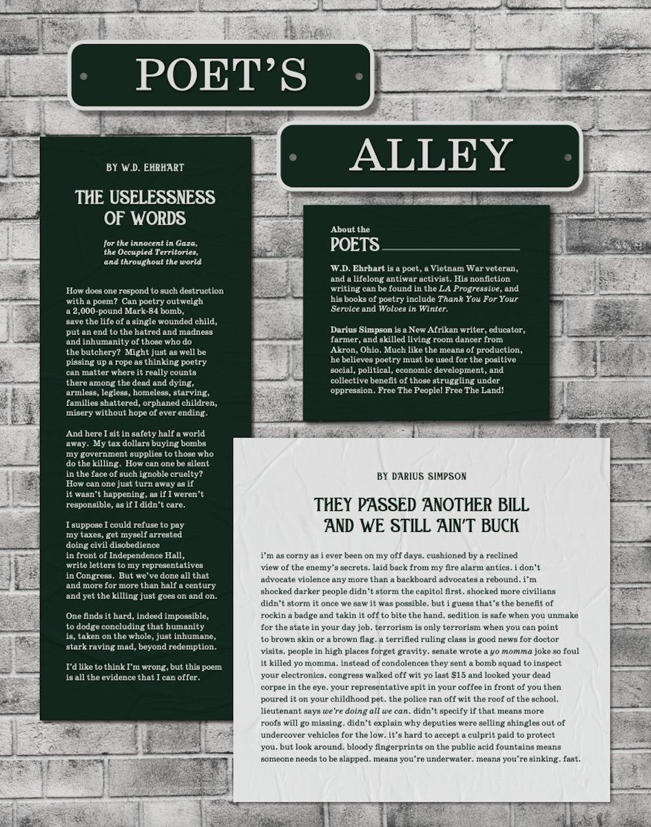 alexskopic's tweet image. By the way, we just dropped the new edition of the Current Affairs Poet's Alley page, ft. @_dariussimpson, @lisquart from the Economic Hardship Reporting Project, @celinasu, and W.D. Ehrhart - some of the most exciting poets working today.