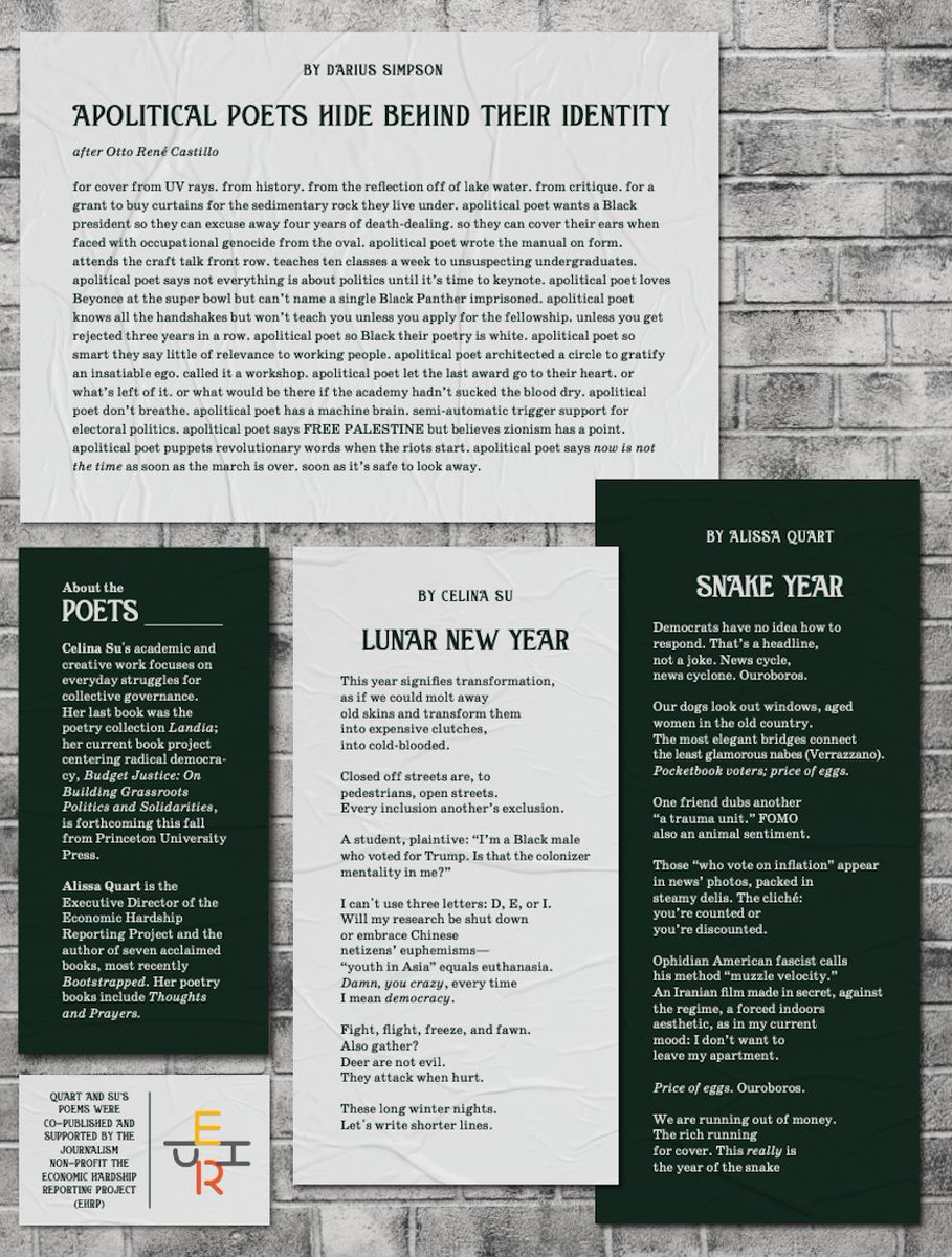 alexskopic's tweet image. By the way, we just dropped the new edition of the Current Affairs Poet's Alley page, ft. @_dariussimpson, @lisquart from the Economic Hardship Reporting Project, @celinasu, and W.D. Ehrhart - some of the most exciting poets working today.