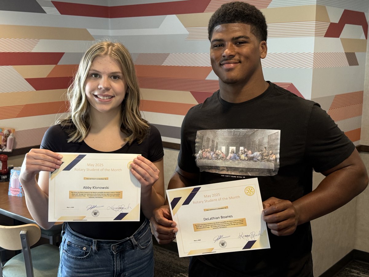 Congrats to our May Rotary Students of the Month: juniors Abby Klonowski &amp; DeLathian Boanes! Abby leads with kindness &amp; positivity, while DeLathian inspires with integrity, encouragement &amp; service. Both embody “Service Above Self” in all they do. #GroveCityProud