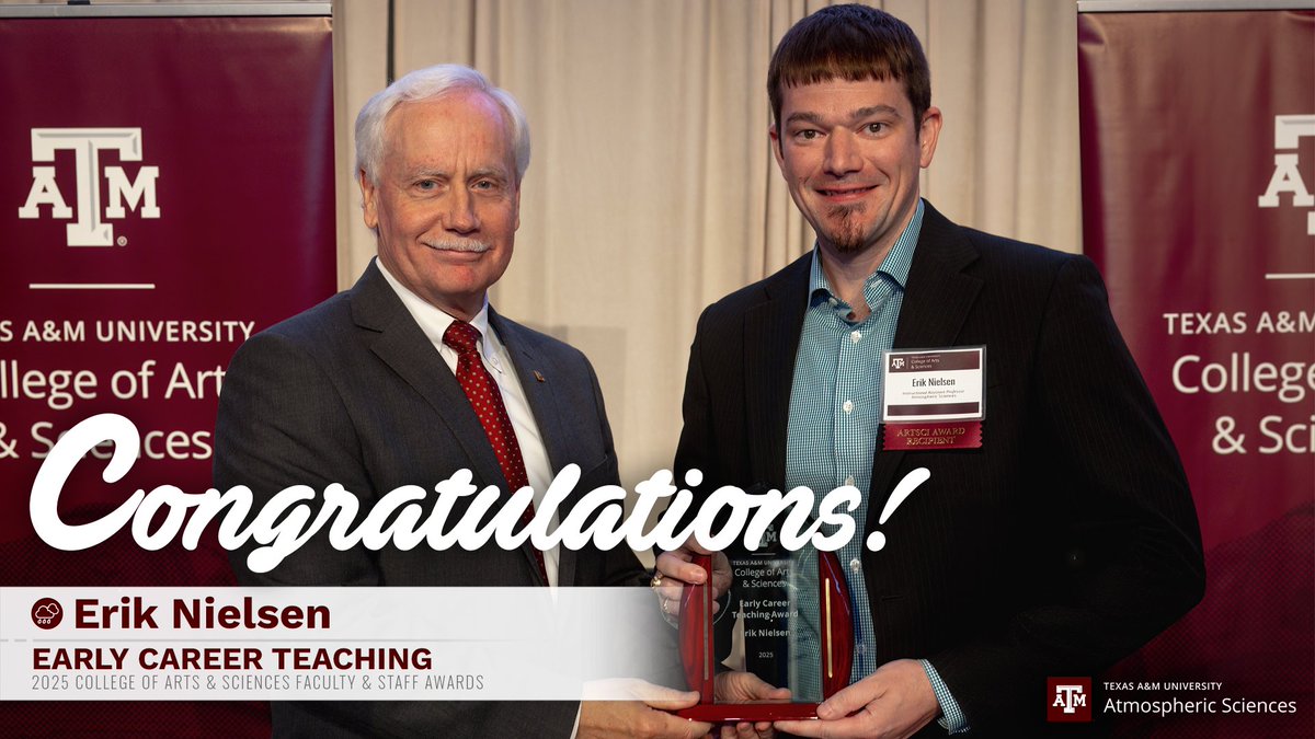 TAMU Atmospheric Sciences (@tamu_atmo) on Twitter photo Congratulations also to @TAMU_ATMO's Dr. Erik Nielsen on winning the 2025 <a href="/TAMUArtSci/">Texas A&M Arts & Sciences</a> Early Career Teaching Award! His hands-on approach, from storm chasing to global programs, brings weather to life for students. ⛈️🌎
🔗 tx.ag/2025ArtSciAwar… Congratulations also to @TAMU_ATMO's Dr. Erik Nielsen on winning the 2025 <a href="/TAMUArtSci/">Texas A&M Arts & Sciences</a> Early Career Teaching Award! His hands-on approach, from storm chasing to global programs, brings weather to life for students. ⛈️🌎
🔗 tx.ag/2025ArtSciAwar…