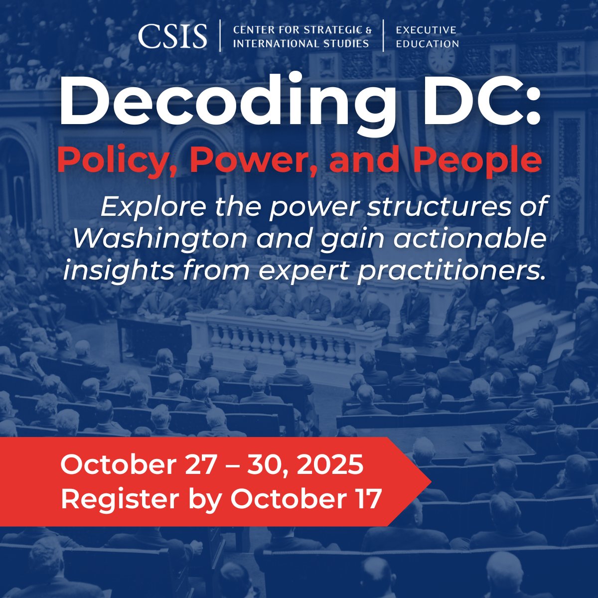 CSISExecEd's tweet image. The first 100 days of President Trump’s second term brought sweeping changes to the flow of power and policymaking in Washington.
Decoding D.C. invites you to examine these shifts through interactive seminars and real-world case studies.
Register at cs.is/decoding-dc.