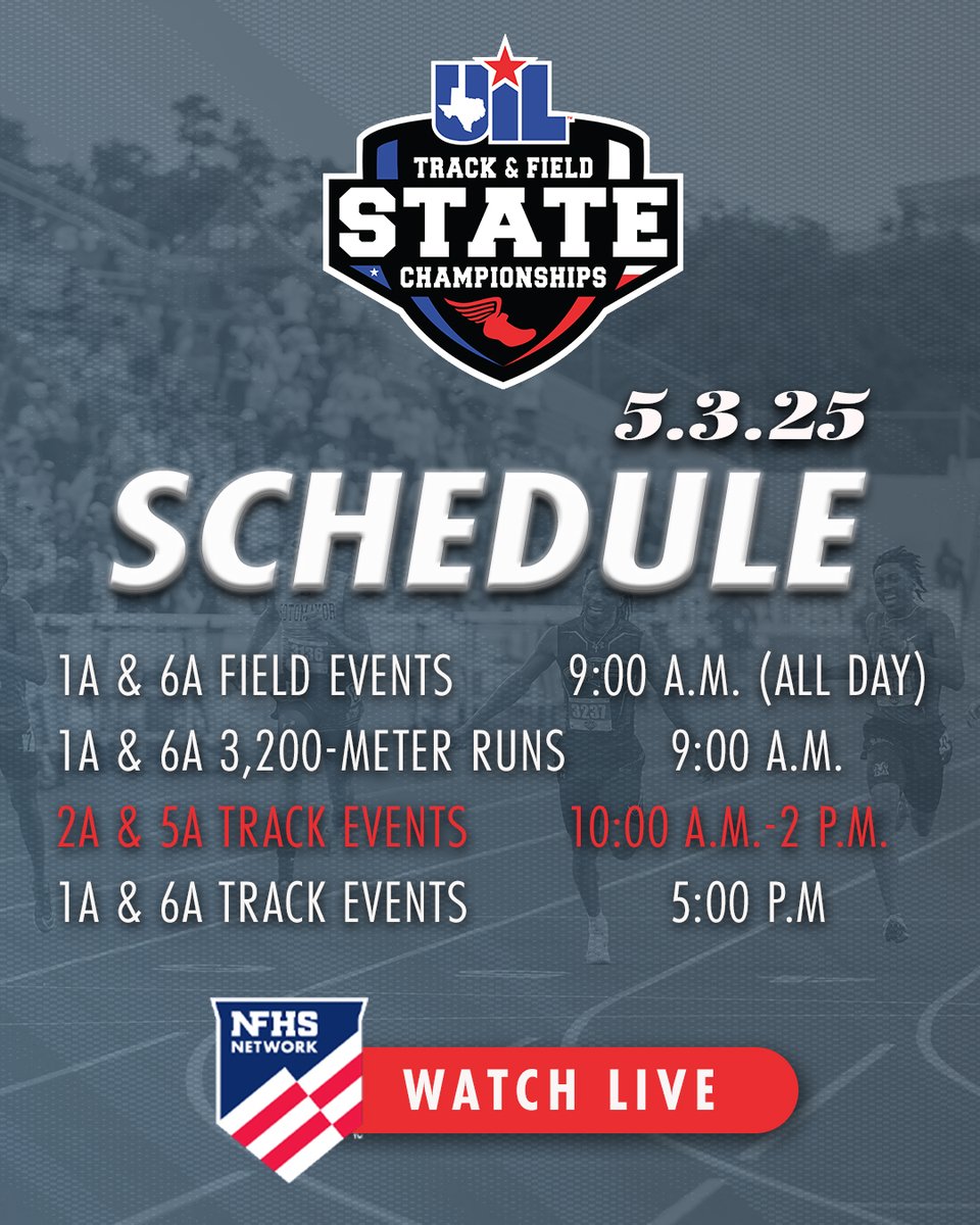 Conference 1A and 6A stars are set to leave it all on the track at #UILState! 💨👟

𝐃𝐮𝐞 𝐭𝐨 𝐰𝐞𝐚𝐭𝐡𝐞𝐫, 𝐭𝐡𝐞 𝟐𝐀 &amp; 𝟓𝐀 𝐫𝐮𝐧𝐧𝐢𝐧𝐠 𝐬𝐞𝐬𝐬𝐢𝐨𝐧 𝐡𝐚𝐬 𝐛𝐞𝐞𝐧 𝐫𝐞𝐬𝐜𝐡𝐞𝐝𝐮𝐥𝐞𝐝 𝐟𝐨𝐫 𝐒𝐚𝐭𝐮𝐫𝐝𝐚𝐲 𝐚𝐬 𝐰𝐞𝐥𝐥.

🏟️ Event Info: uiltexas.org/track-field/st…