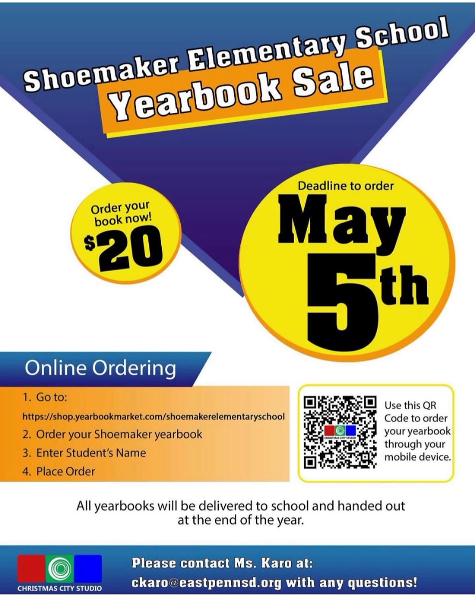 💫As a reminder, our Shoemaker yearbook sale will be ending on Monday, May 5! Don’t miss out on the memories from this year! Scan the QR code on the flyer to order.💙