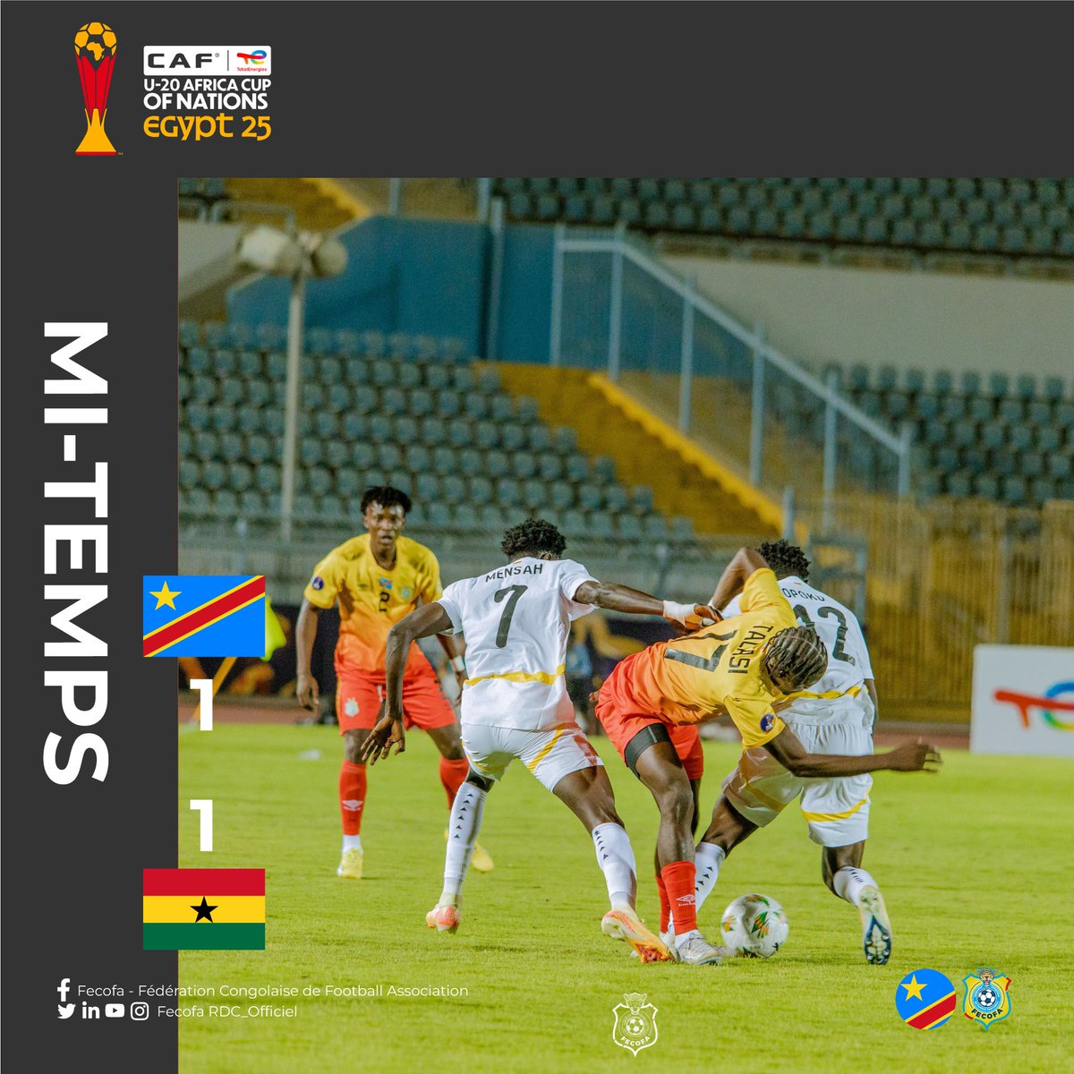FecofaRdc's tweet photo. ⏸️ MI-TEMPS | RDC 🇨🇩 1 – 1 🇬🇭 Ghana

Nos Léopardaux 🐆 ont ouvert le score avant de concéder l’égalisation.

Tout reste à jouer en seconde période 🔥💪

#LeopardsU20 #Team243 #BendeleEkweyaTe #AllezYLesLeopards #RDCGHA #GroupeC #AFCONU20 #Egypte2025 https://t.co/Z4B3lD0PaK