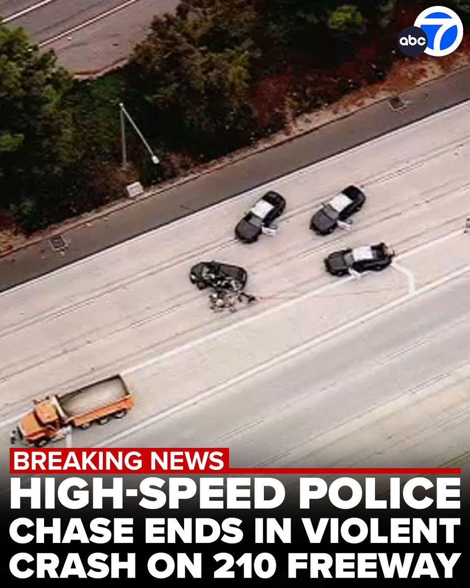 ABC7's tweet photo. #BREAKINGNEWS: A driver wanted for alleged theft died after leading authorities on a high-speed chase that ended with a violent crash Friday morning on the 210 Freeway in La Crescenta. https://t.co/ZdmdoVL3tZ https://t.co/I4dyO9IjGg