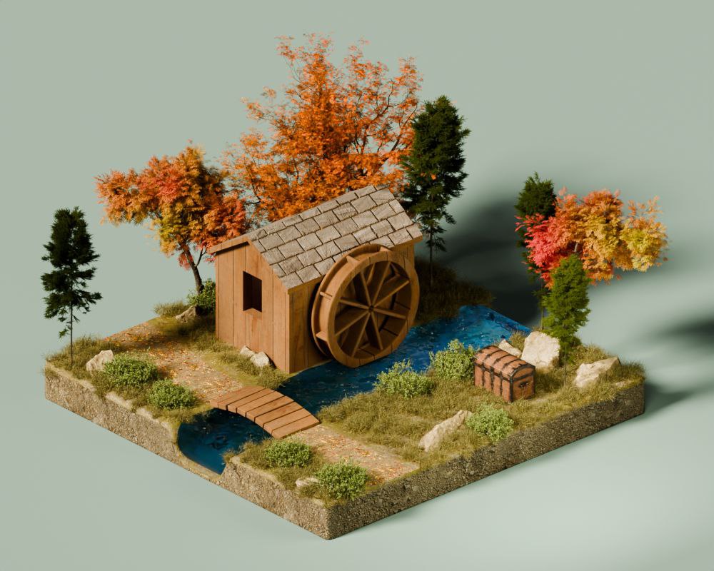 Mill Valley
The scene was created in Blender using a mixed approach: some objects were modeled manually, while others were imported from ready-made libraries. The house with the windmill, the river, and the natural landscape, are integrated with realistic lighting and textures.