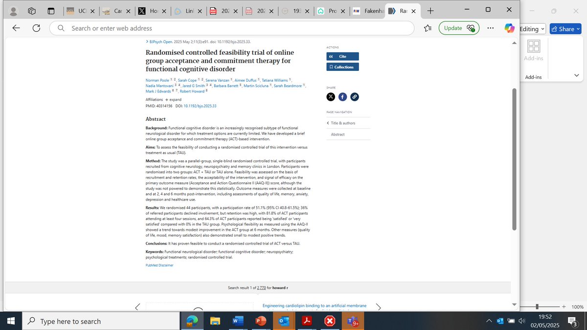 Online group ACT for functional cognitive disorder. Our feasibility RCT just published.