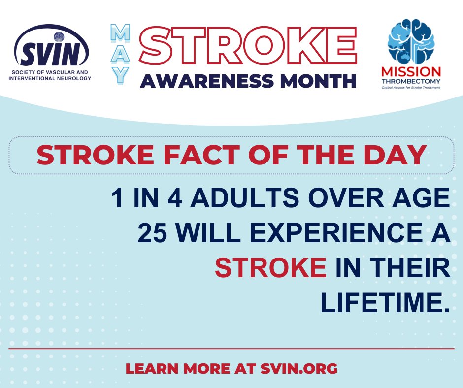 SVIN (@svinsociety) on Twitter photo 1 in 4 adults over age 25 will experience a stroke in their lifetime. Join us this month to raise awareness and advocate for prevention: zurl.co/oLvwg
<a href="/SVINJournal/">Stroke: Vascular and Interventional Neurology</a> <a href="/MThrombectomy/">Mission Thrombectomy</a>
#ALLHANDSIN #SVIN #StrokeAwareness #StrokeAwarenessMonth #MissionThrombectomy 1 in 4 adults over age 25 will experience a stroke in their lifetime. Join us this month to raise awareness and advocate for prevention: zurl.co/oLvwg
<a href="/SVINJournal/">Stroke: Vascular and Interventional Neurology</a> <a href="/MThrombectomy/">Mission Thrombectomy</a>
#ALLHANDSIN #SVIN #StrokeAwareness #StrokeAwarenessMonth #MissionThrombectomy