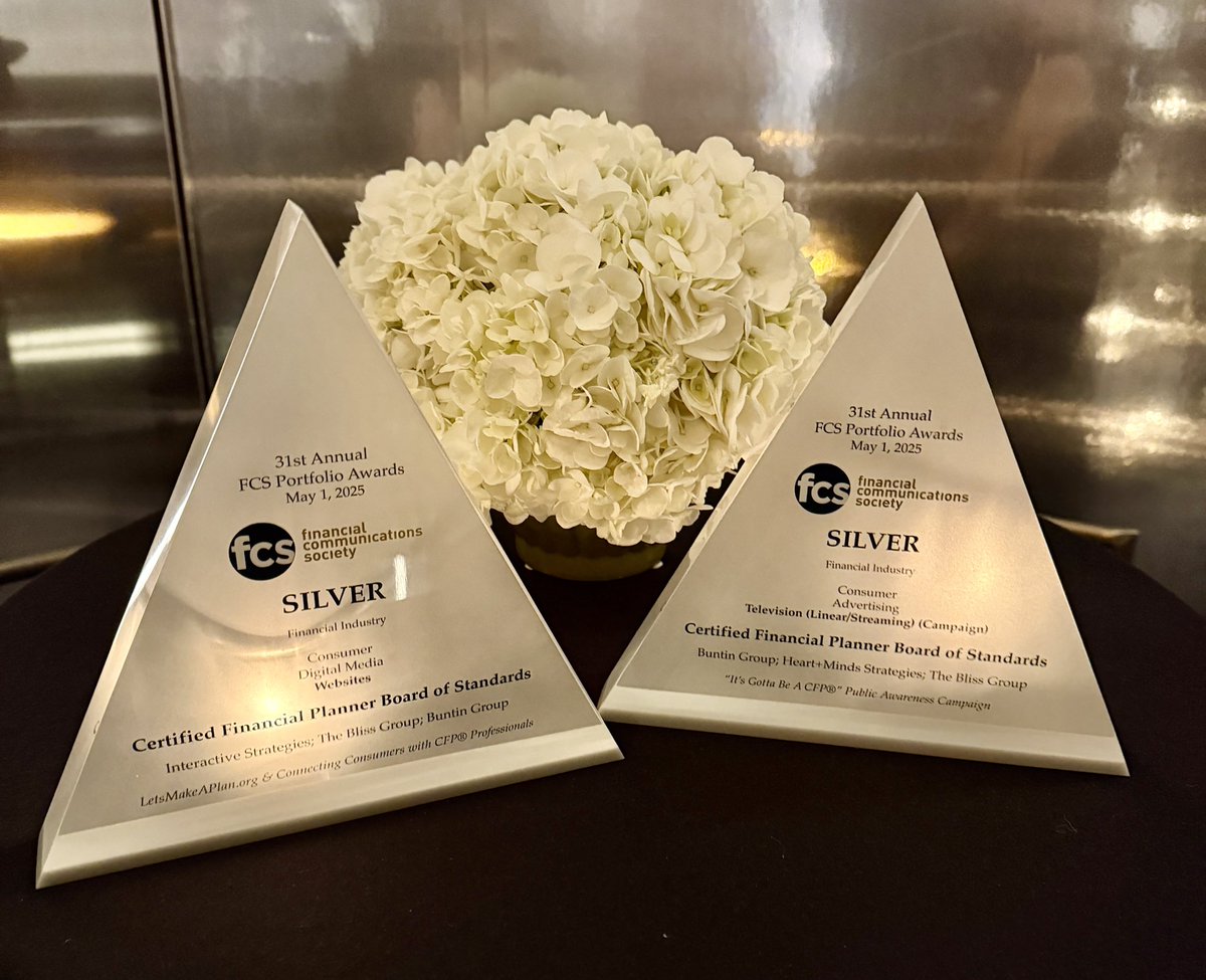 CFP Board (@cfpboard) on Twitter photo Last night’s 31st Annual FCS Portfolio Awards brought together 600 top marketers. CFP Board walked away with two Silver awards for public awareness work:
🥈 TV/Streaming Campaign
🥈 Consumer Website (LetsMakeAPlan.org)
Thank you to the <a href="/theFCSorg/">Financial Communications Society</a> for this Last night’s 31st Annual FCS Portfolio Awards brought together 600 top marketers. CFP Board walked away with two Silver awards for public awareness work:
🥈 TV/Streaming Campaign
🥈 Consumer Website (LetsMakeAPlan.org)
Thank you to the <a href="/theFCSorg/">Financial Communications Society</a> for this