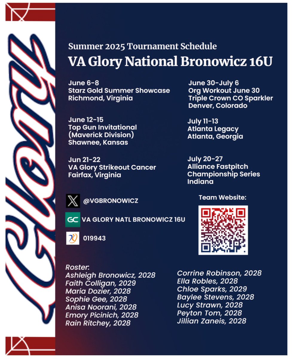 VA Glory National Bronowicz (@vgbronowicz) on Twitter photo ‼️2025 Summer Schedule ‼️
Excited to see this talented group compete. <a href="/VAGloryFP/">VA Glory Fastpitch</a> <a href="/ExtraInningSB/">EXTRA INNING SOFTBALL</a> <a href="/LineDsoftball/">Line Drive Media</a> <a href="/los_stuff/">Carlos Arias</a> <a href="/LegacyLegendsS1/">Legacy & Legends Softball</a> <a href="/thealliancefp/">The Alliance Fastpitch</a> <a href="/ACFLfastpitch/">Atlantic Coast Fastpitch League | ACFL</a> <a href="/triplecrownspts/">Triple Crown Sports</a> <a href="/StarzGold/">StarzGold</a> ‼️2025 Summer Schedule ‼️
Excited to see this talented group compete. <a href="/VAGloryFP/">VA Glory Fastpitch</a> <a href="/ExtraInningSB/">EXTRA INNING SOFTBALL</a> <a href="/LineDsoftball/">Line Drive Media</a> <a href="/los_stuff/">Carlos Arias</a> <a href="/LegacyLegendsS1/">Legacy & Legends Softball</a> <a href="/thealliancefp/">The Alliance Fastpitch</a> <a href="/ACFLfastpitch/">Atlantic Coast Fastpitch League | ACFL</a> <a href="/triplecrownspts/">Triple Crown Sports</a> <a href="/StarzGold/">StarzGold</a>