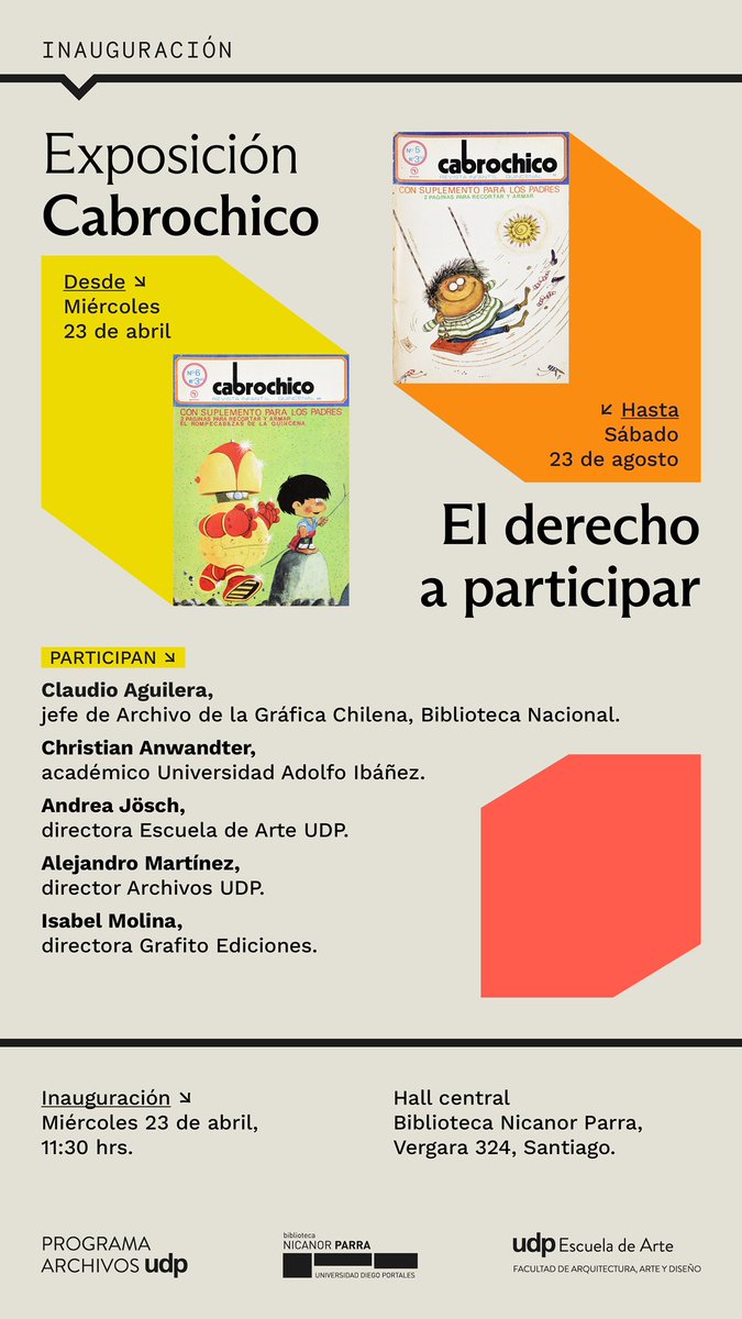 Arturo Navarro Ceardi (@info_navarro) on Twitter photo Cabrochico de <a href="/quimantuvive/">@QuimantúVive</a> en exposición… se inaugura el miércoles 23 a las 11:30 en Biblioteca Nicanor Parra de la <a href="/udp_cl/">UDP</a> Vergara 324.
<a href="/archivosudp/">Archivos UDP</a> <a href="/CE_Aguilera_A/">Claudio Aguilera</a> <a href="/udp/">なの (nano)</a> <a href="/andreajosch/">andrea josch</a> <a href="/isamolinavale/">Isabel Molina</a> <a href="/alexm/">Alejandro Arturo Martinez</a> Cabrochico de <a href="/quimantuvive/">@QuimantúVive</a> en exposición… se inaugura el miércoles 23 a las 11:30 en Biblioteca Nicanor Parra de la <a href="/udp_cl/">UDP</a> Vergara 324.
<a href="/archivosudp/">Archivos UDP</a> <a href="/CE_Aguilera_A/">Claudio Aguilera</a> <a href="/udp/">なの (nano)</a> <a href="/andreajosch/">andrea josch</a> <a href="/isamolinavale/">Isabel Molina</a> <a href="/alexm/">Alejandro Arturo Martinez</a>