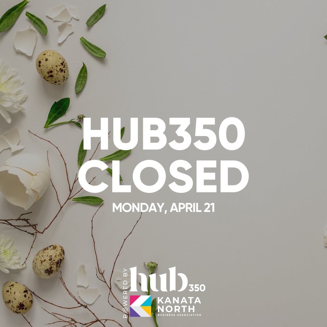Happy Easter, Kanata! 🐣

This is your reminder that Hub350 is closed tomorrow, April 21st, for Easter Monday.

✨ Hub350 will be back open on Tuesday, April 22nd with regular hours: 8:30AM-5PM.
Book a space for the week ahead!
🔗 hub350.com/pages/faciliti…

#kanatanorthba #hub350