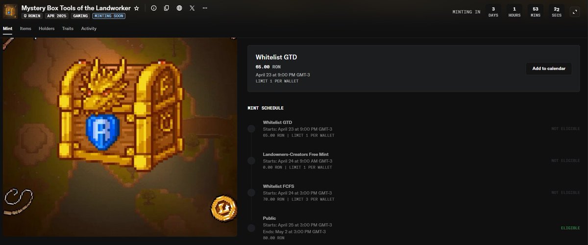 Qué pasa qliá!? El Rulos al habla.

Hay 3 Free Mint &amp; 10 WL spots del minteo de <a href="/Farmine_Land/">Farmine_Land</a>  para sortear. 

Para participar deben:
Follow <a href="/Farmine_Land/">Farmine_Land</a> y a mí
Like + RT + mencionar a 2 amigos y una Ronin wallet

Los precios y horarios del mismo están en la imagen.
Suerte!