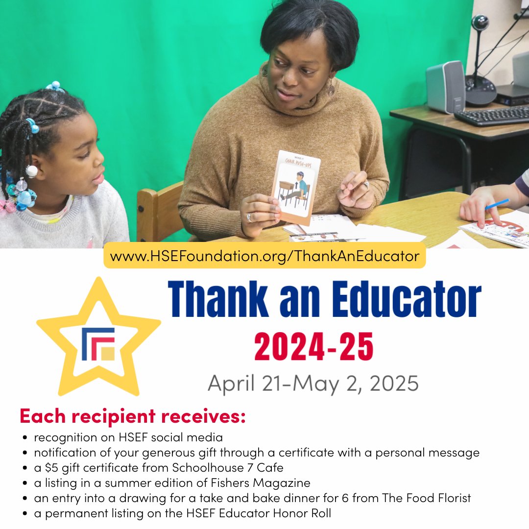HSEF Thank an Educator 2024-25 starts tomorrow! Families can nominate an educator making a difference - like teachers, counselors, bus drivers, principals, nurses, IAs, secretaries, custodians, and food services workers and more!

hsefoundation.org/thankaneducator