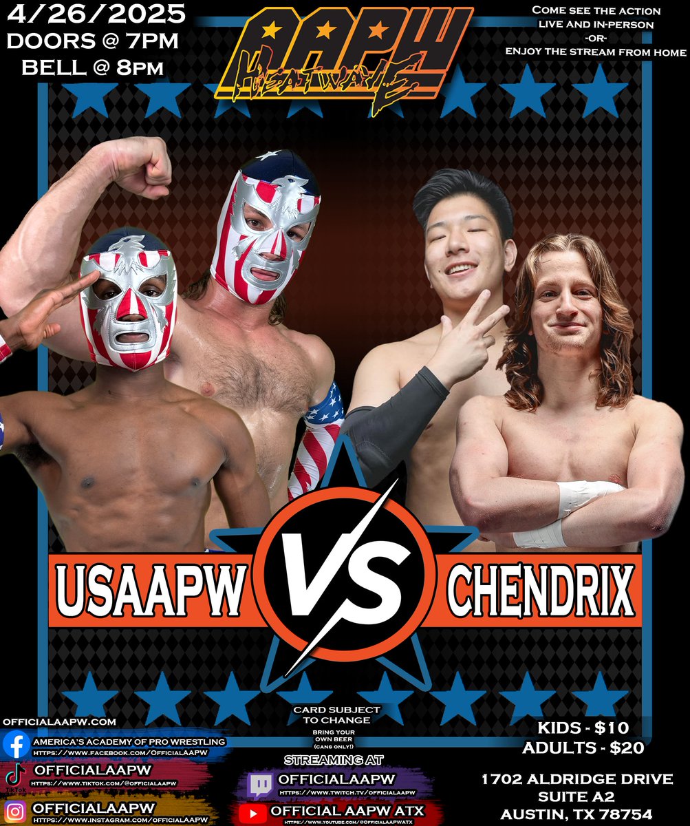 AAPW LEGENDS: HOUSTON HENDRIX &amp; CONNOR CHEN RETURN to go toe-to-toe with USAAPW!!

Saturday, April 26th @ 8PM
BYOB (Cans Only, Coolers Welcomed)
1702 Aldridge Drive, Austin TX 78754
#AAPW #Wrestling #ProWrestling #ATX