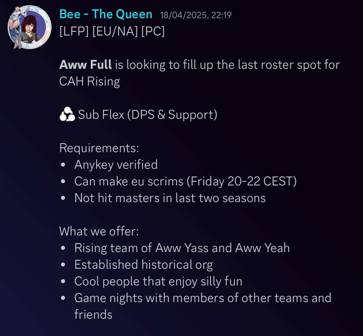 Aww Full is looking for a flex sub for CAH Rising! Msg me on disc: beefromhel with some info if you want to apply for trials!