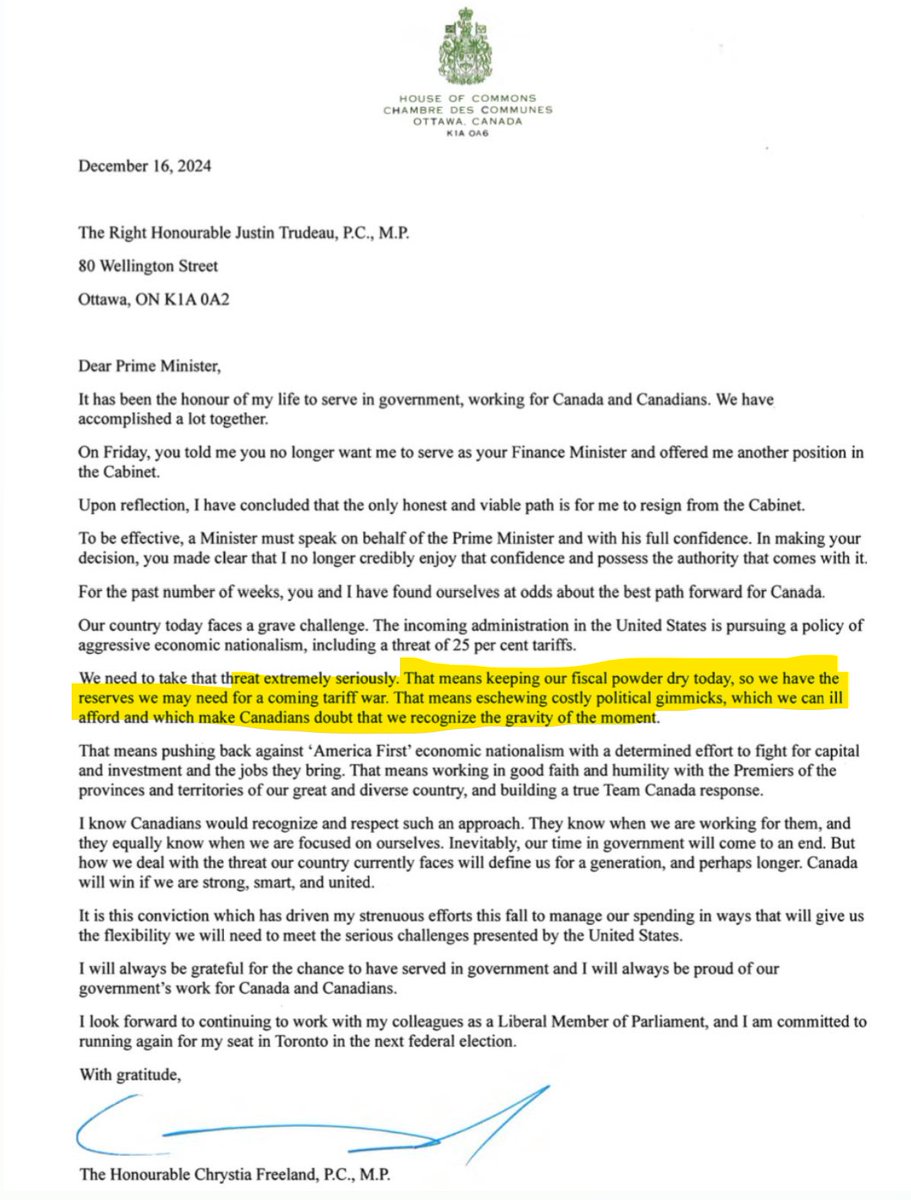 NEW

Freeland's resignation letter in Dec claimed that she was resigning because:

"Canada needs to keep its fiscal powder dry.... we need reserves for the trade war ..." and "political gimmicks" were too costly.

She is now supporting Carney's deficits which are TWICE as high.