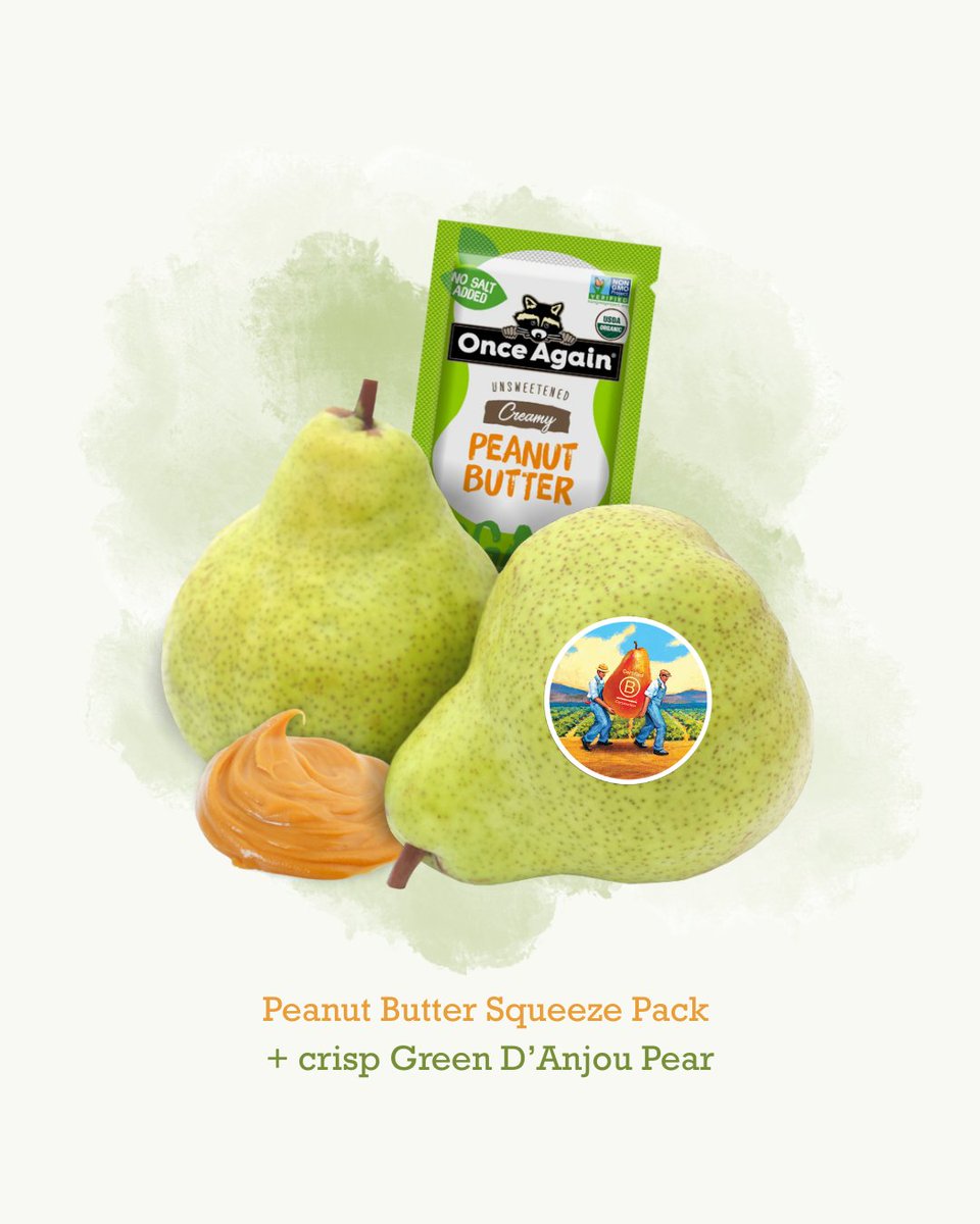 fruitguys's tweet photo. Snack break, upgraded. 🥜🍐

We have a new favorite snack pairing: Once Again Peanut Butter Squeeze Pack + crisp Green D’Anjou Pear. Sweet, salty, creamy, and crunchy—this pairing checks all the snack boxes AND you can create it in less than 2 minutes. https://t.co/5EtVUqEtcQ